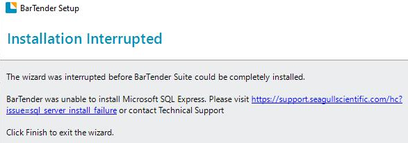 Bartender не удалось установить microsoft sql express