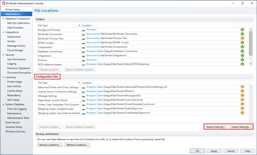 Export BarTender Configuration files in Administration Console